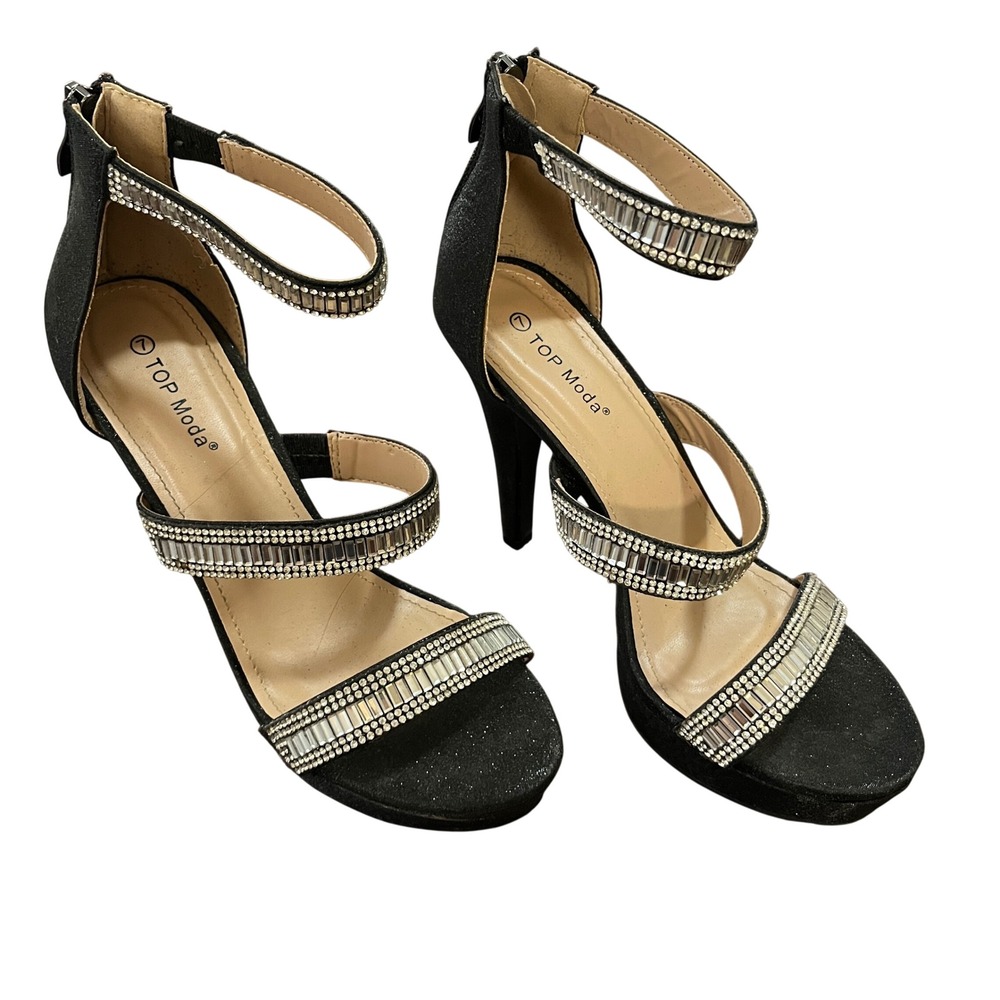 Top Moda Womens Black Glitter Rhinestone Strappy Stiletto Platform Heels Size 7
